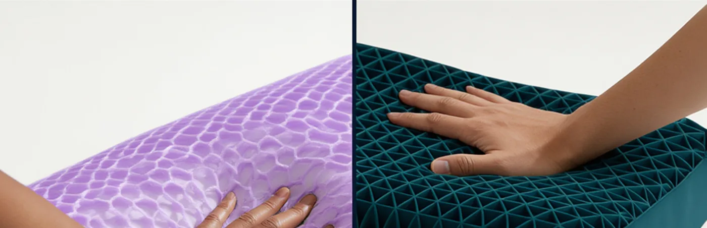 Two hands pressing into the Purple Pillow hexagonal grid (left) and the Onyx AeroMatrix triangulated grid (right).